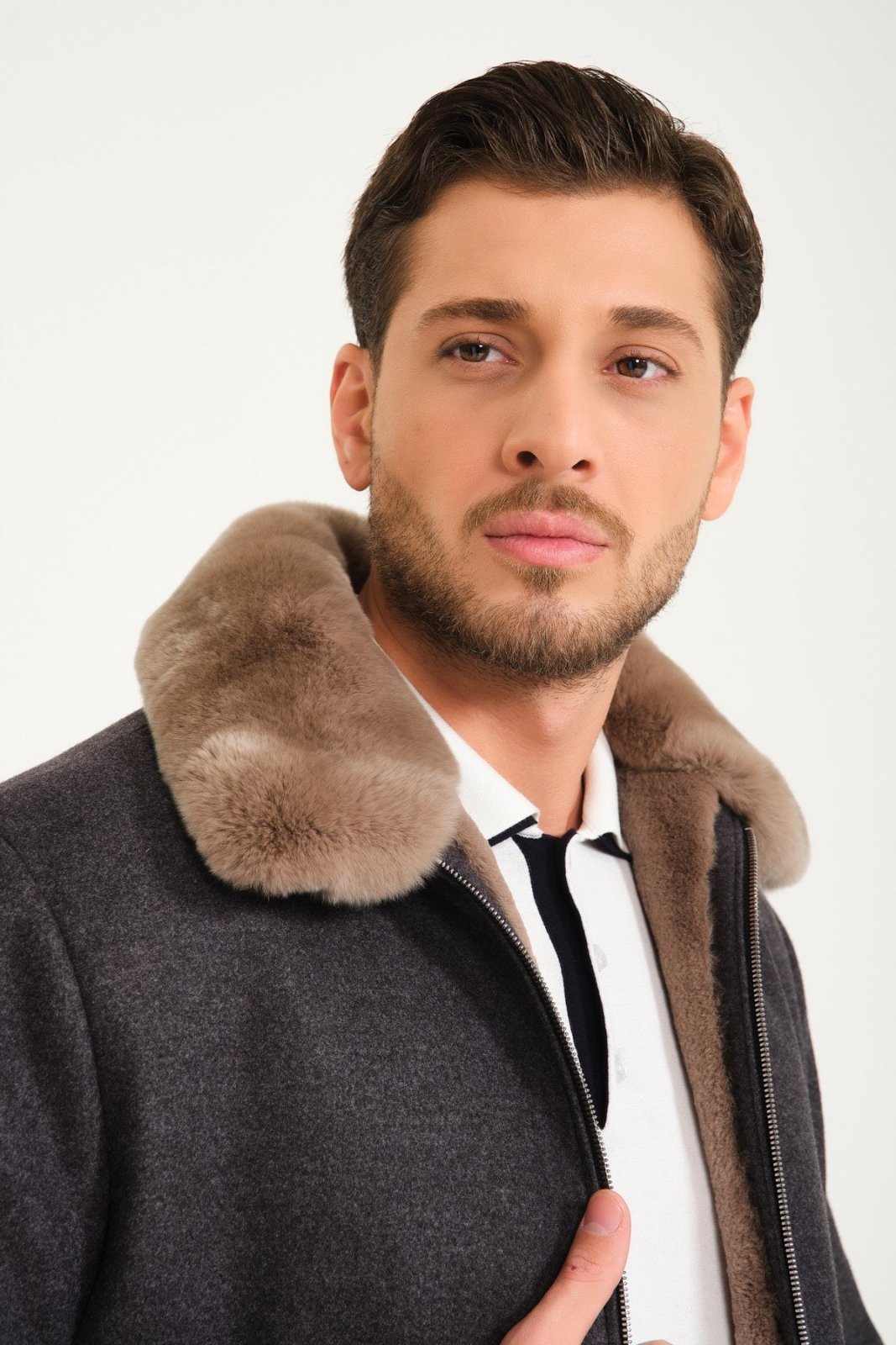 Dark Grey Wool & Rex Fur Coat - ADAMO