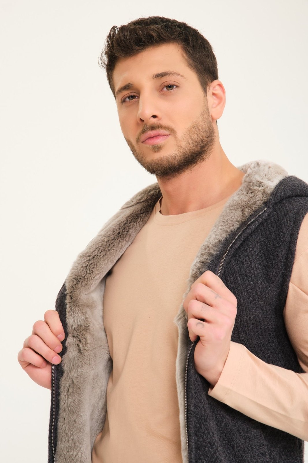 Dark Grey Wool & Rex Fur Knit Vest - ADAMO