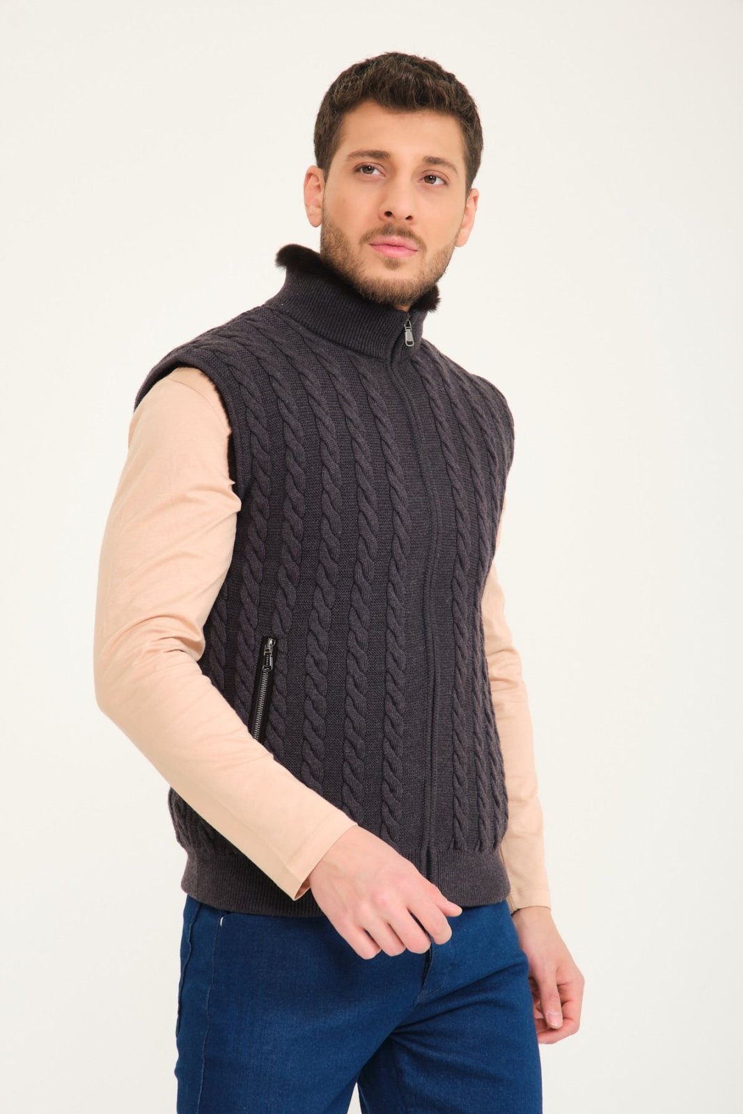 Dark Grey Wool & Rex Fur Knit Vest - ADAMO