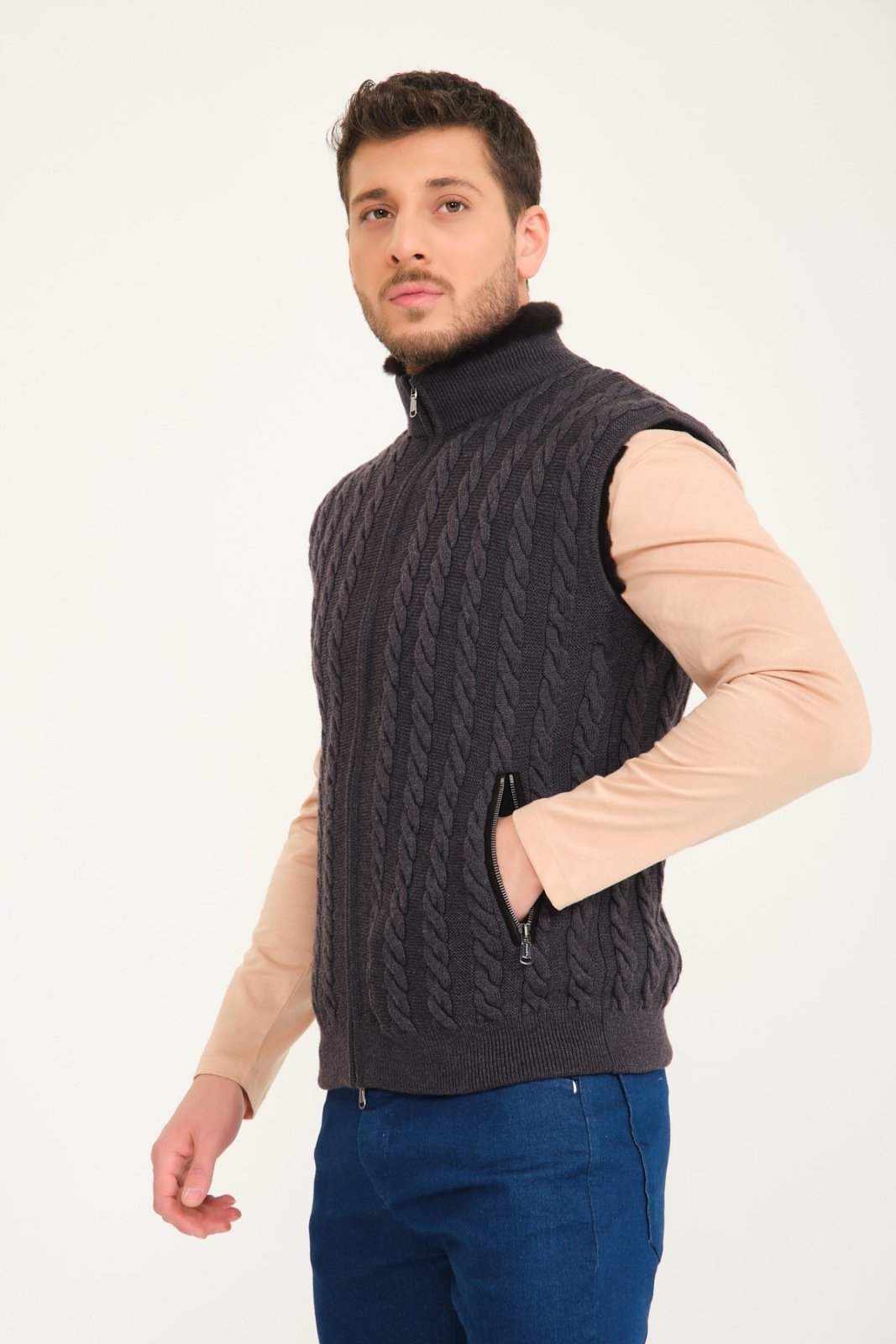 Dark Grey Wool & Rex Fur Knit Vest - ADAMO