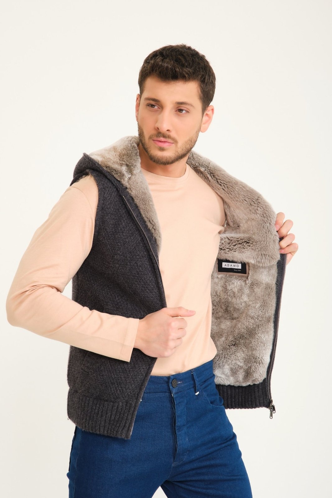 Dark Grey Wool & Rex Fur Knit Vest - ADAMO