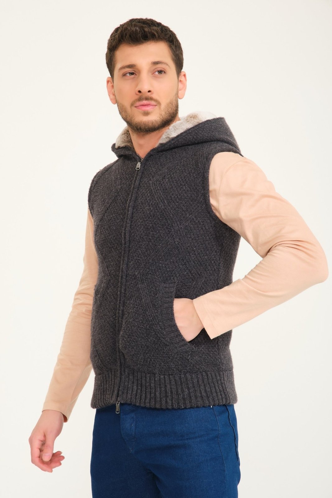 Dark Grey Wool & Rex Fur Knit Vest - ADAMO