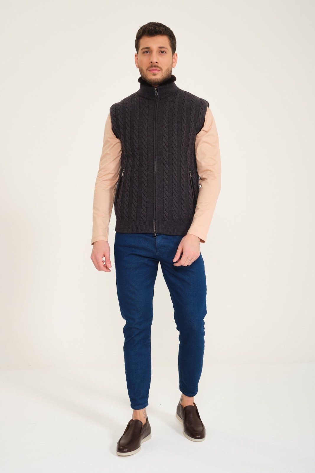 Dark Grey Wool & Rex Fur Knit Vest - ADAMO