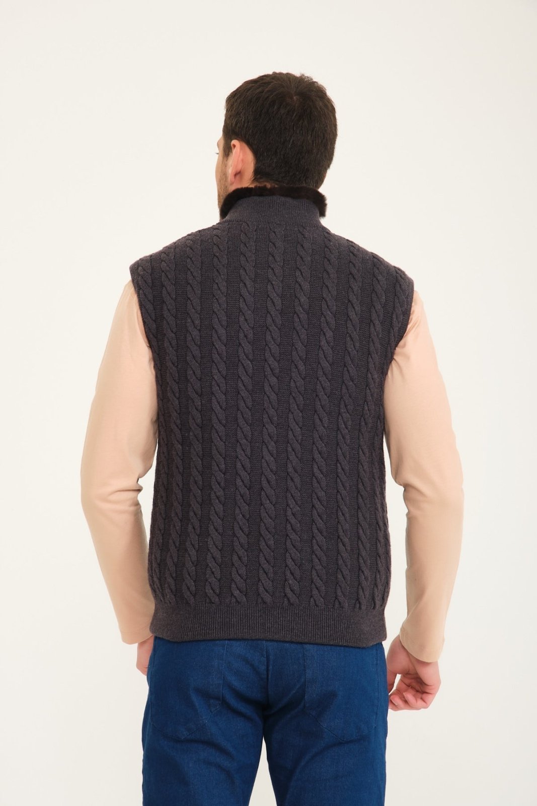 Dark Grey Wool & Rex Fur Knit Vest - ADAMO