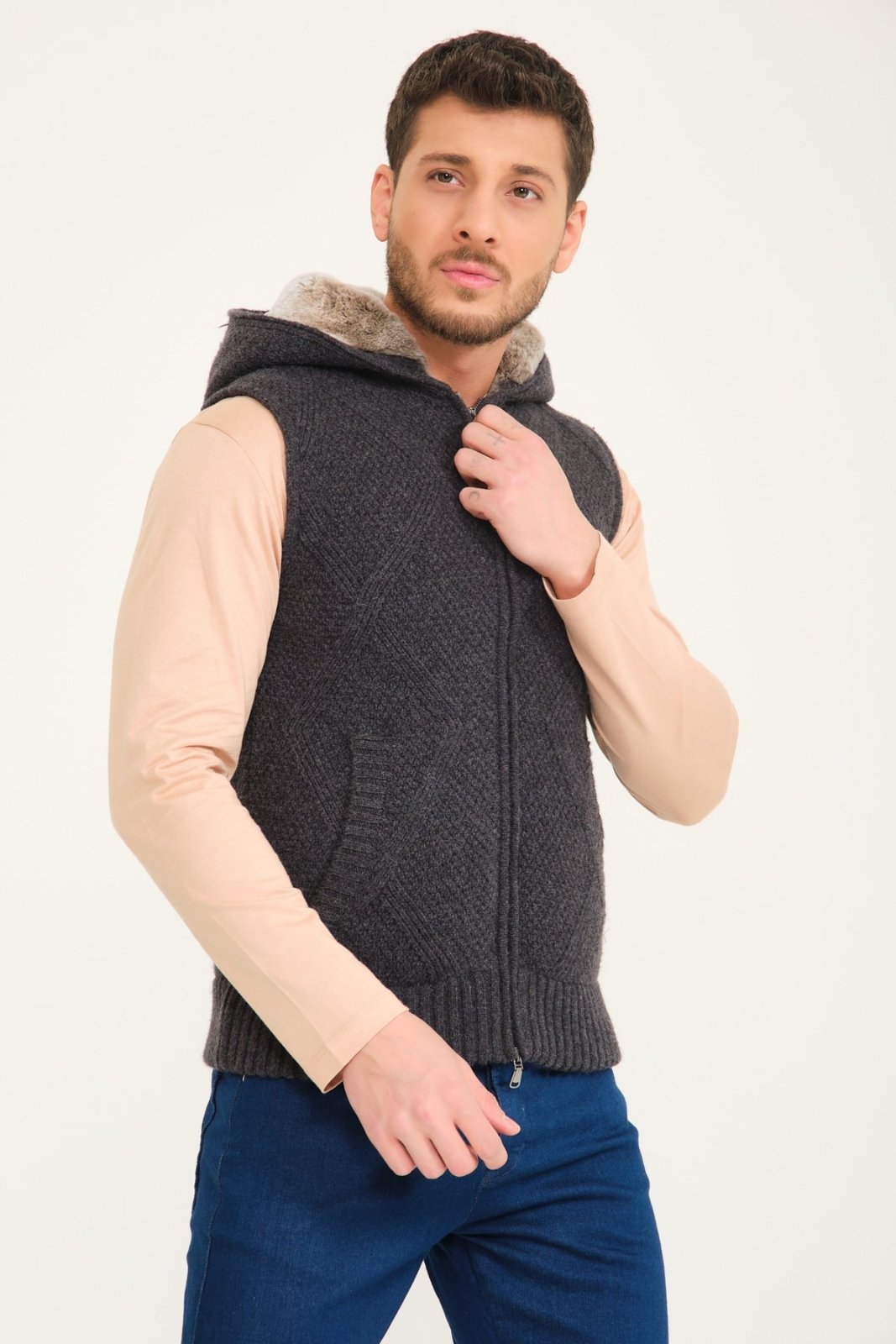 Dark Grey Wool & Rex Fur Knit Vest - ADAMO