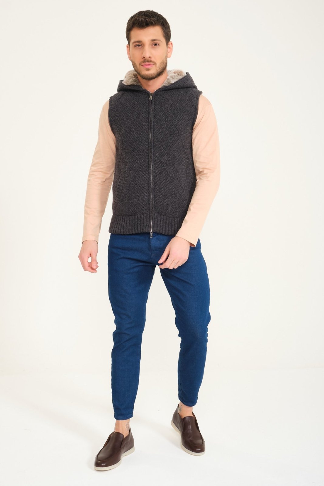 Dark Grey Wool & Rex Fur Knit Vest - ADAMO