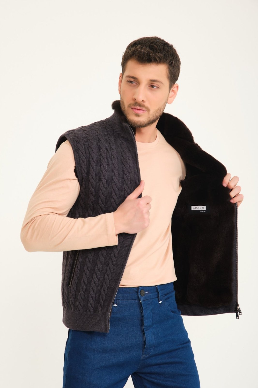 Dark Grey Wool & Rex Fur Knit Vest - ADAMO