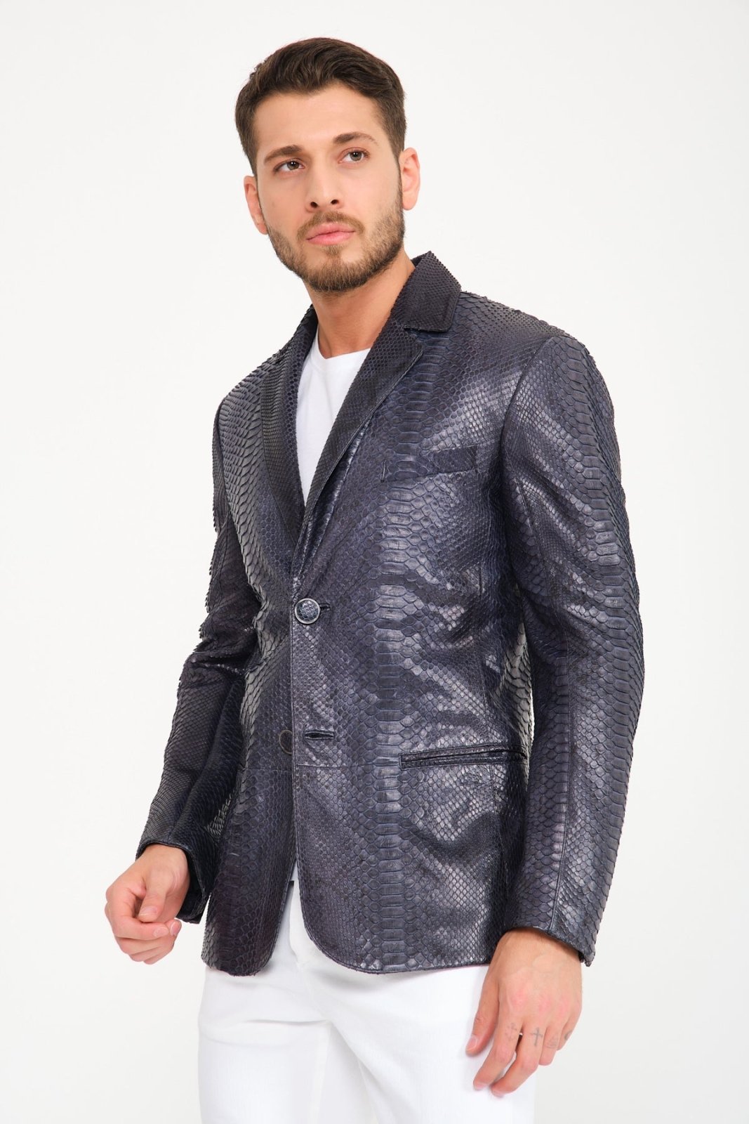 Dark Navy Python Leather Blazer Jacket - ADAMO