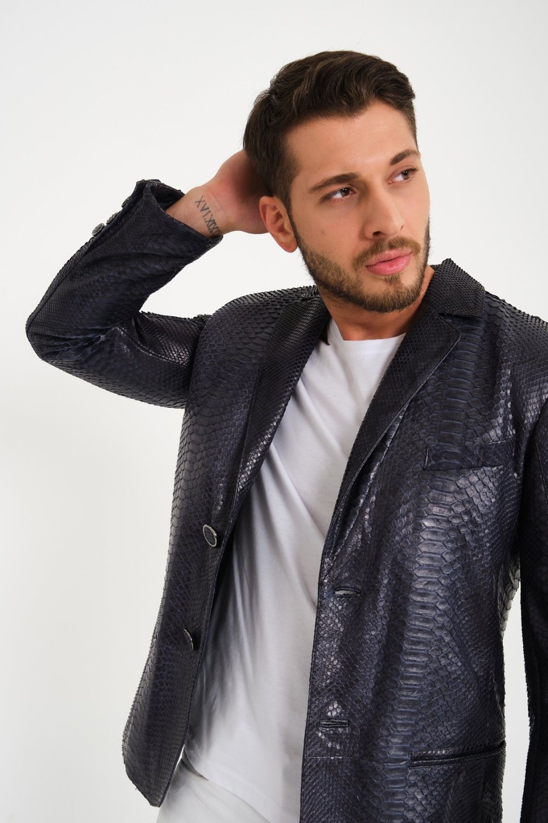 Dark Navy Python Leather Blazer Jacket - ADAMO