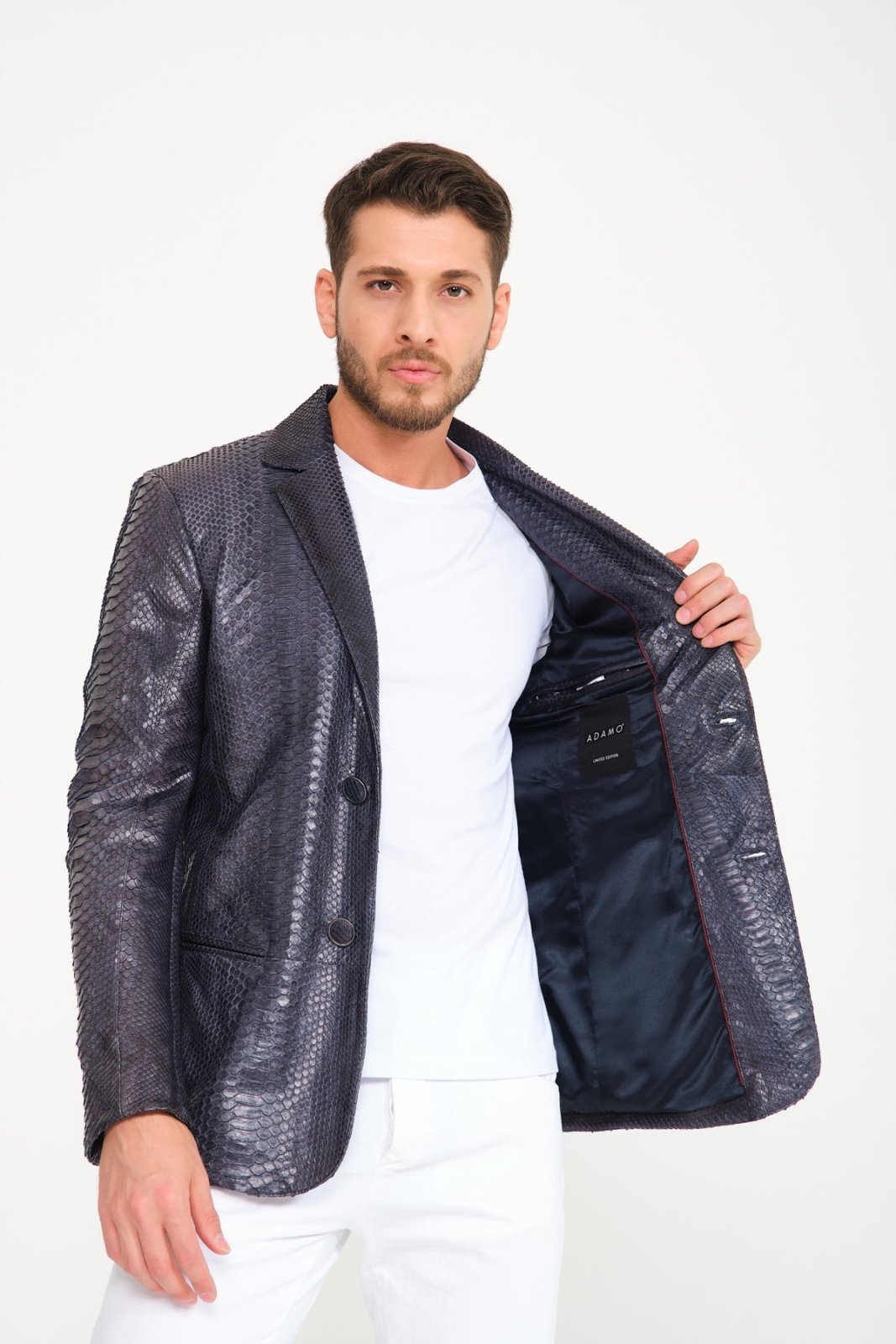 Dark Navy Python Leather Blazer Jacket - ADAMO