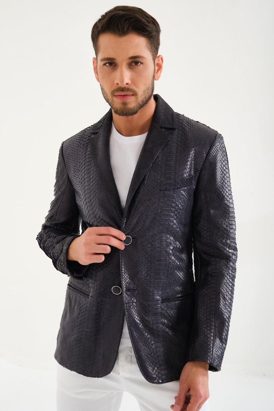 Dark Navy Python Leather Blazer Jacket - ADAMO