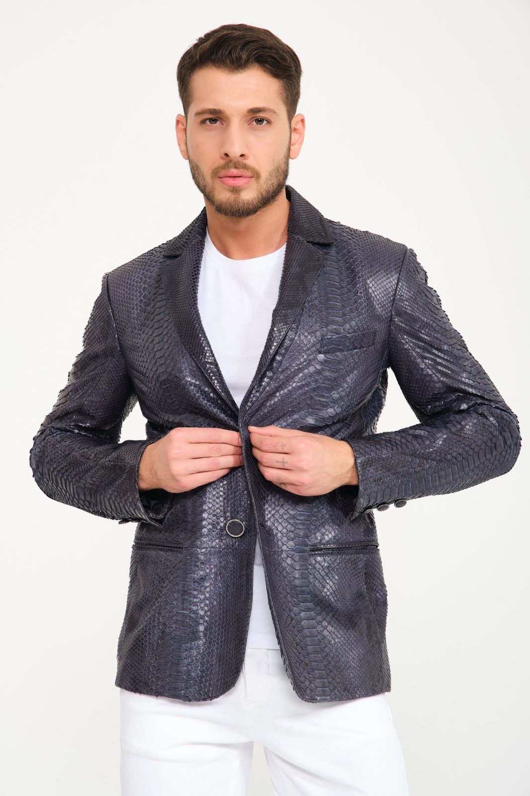 Dark Navy Python Leather Blazer Jacket - ADAMO