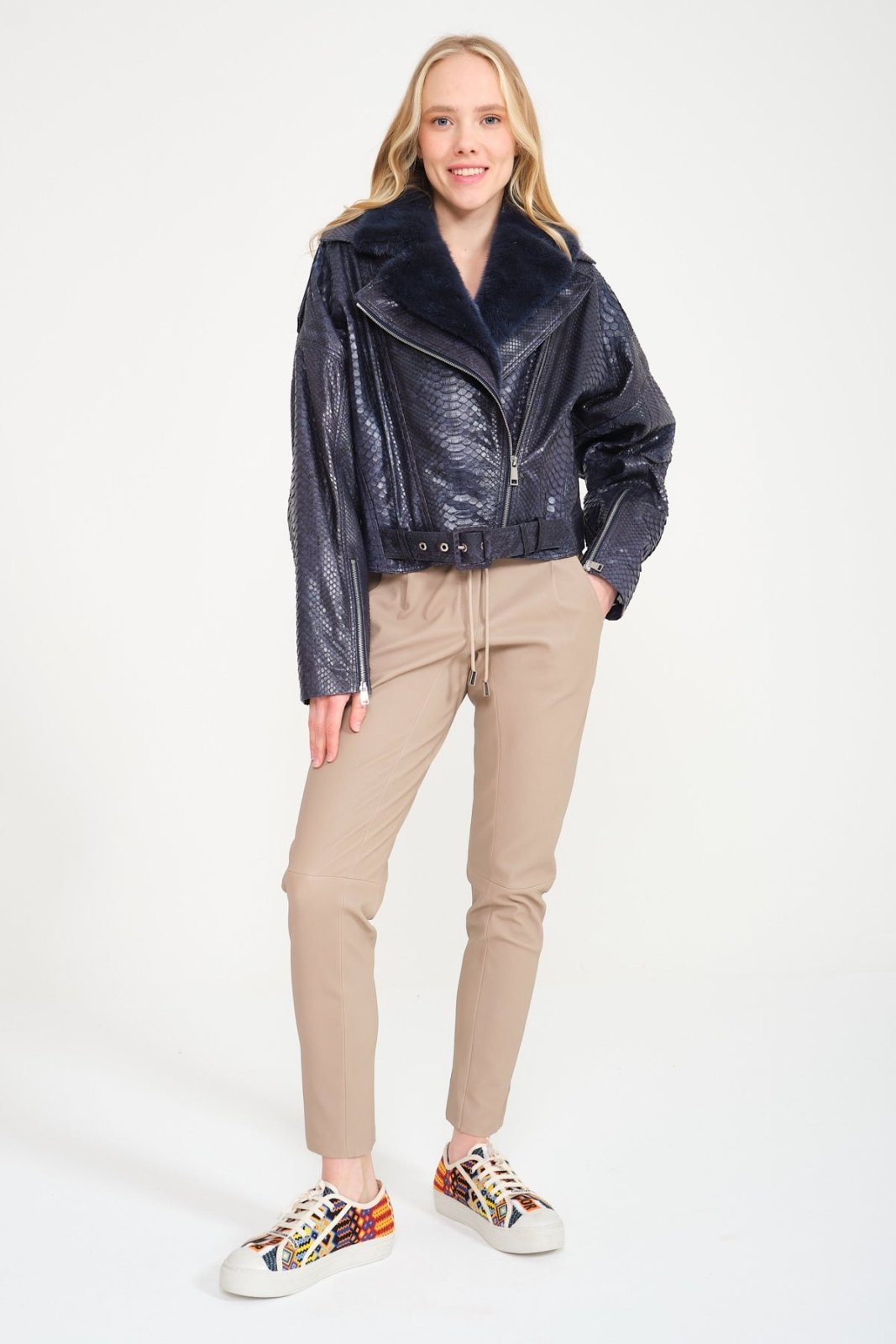 Dark Navy Python Leather Jacket - ADAMO