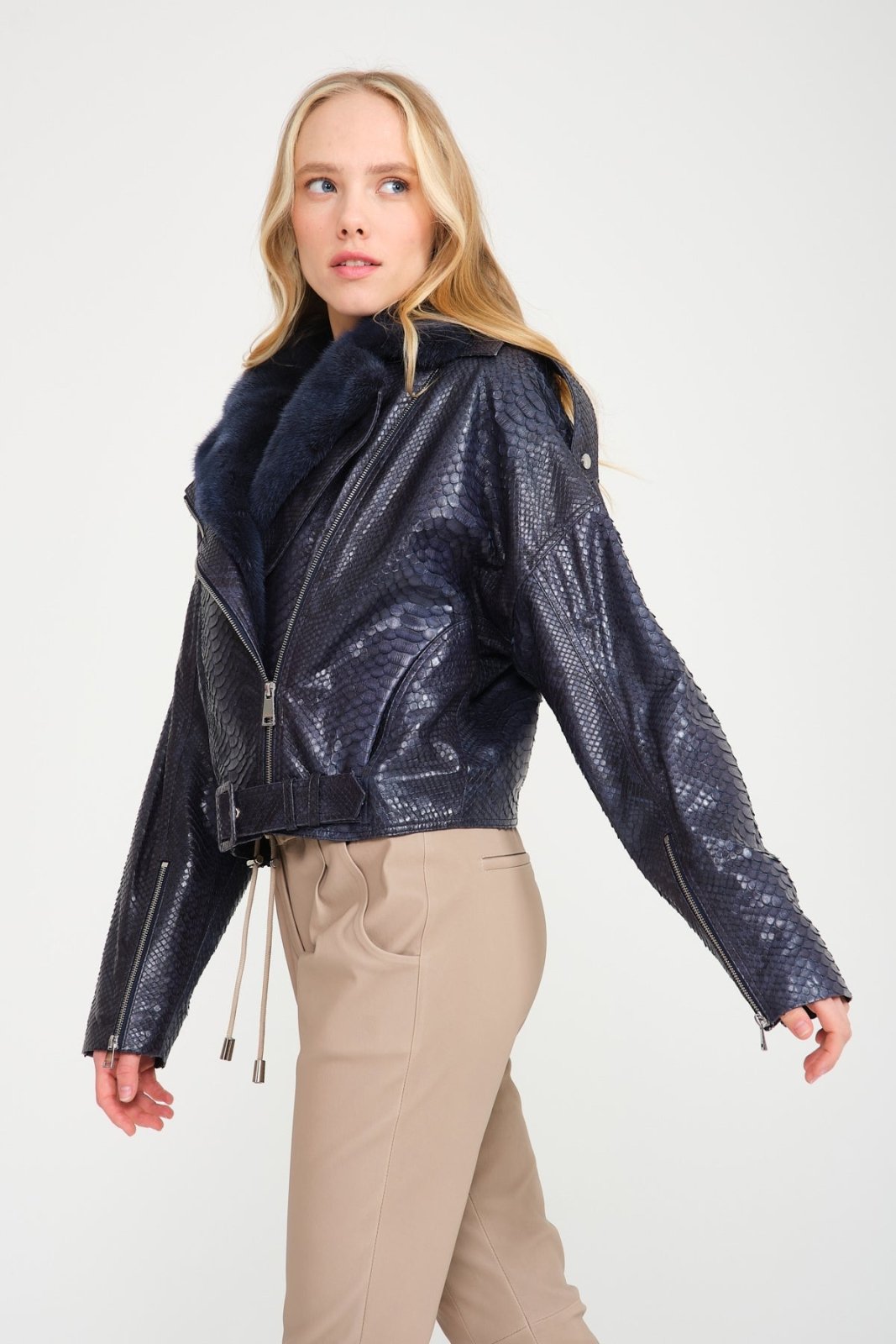 Dark Navy Python Leather Jacket - ADAMO