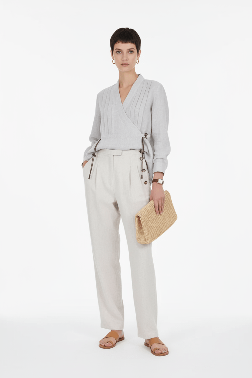 Ecru Button Linen Trousers - ADAMO