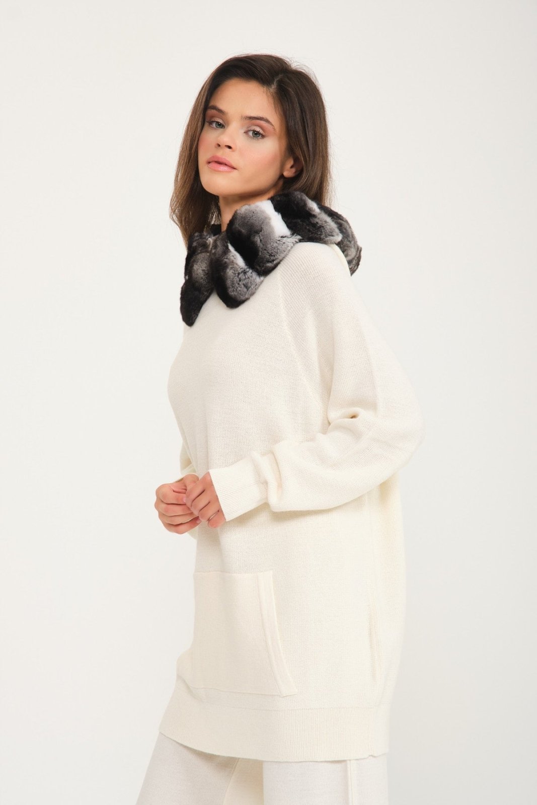 Ecru Chinchilla Fur Lined Wool Hoodie & Pants Set - ADAMO