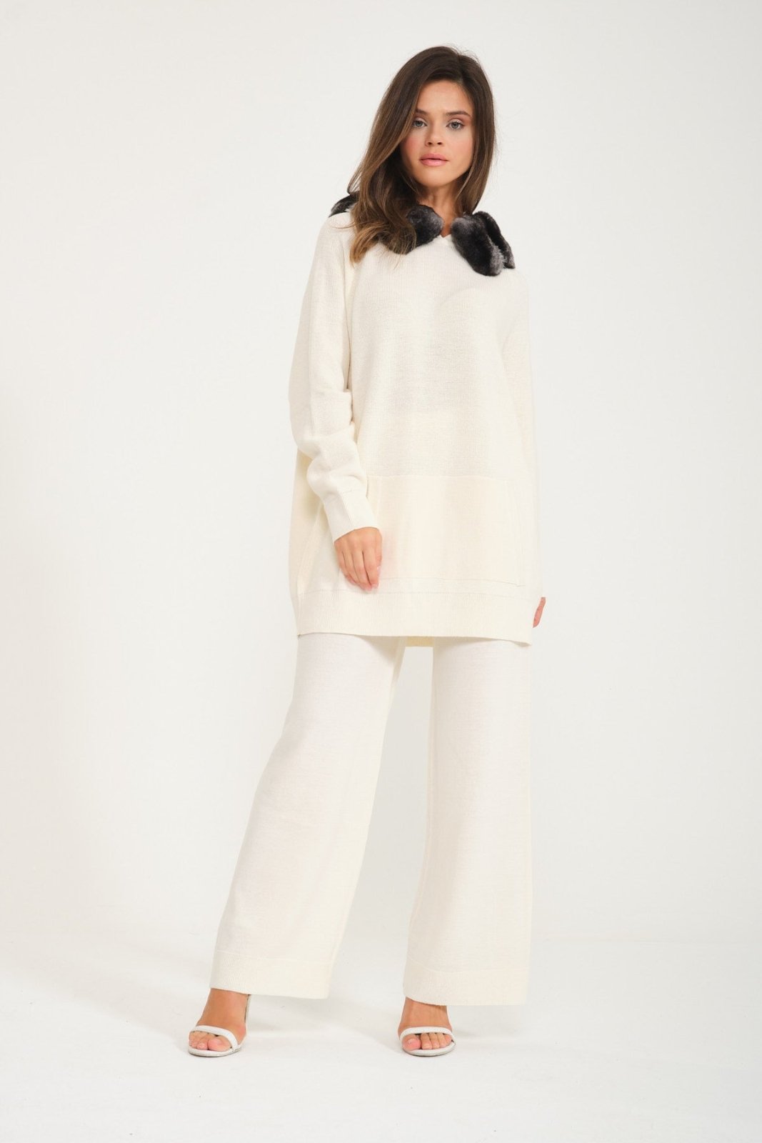 Ecru Chinchilla Fur Lined Wool Hoodie & Pants Set - ADAMO