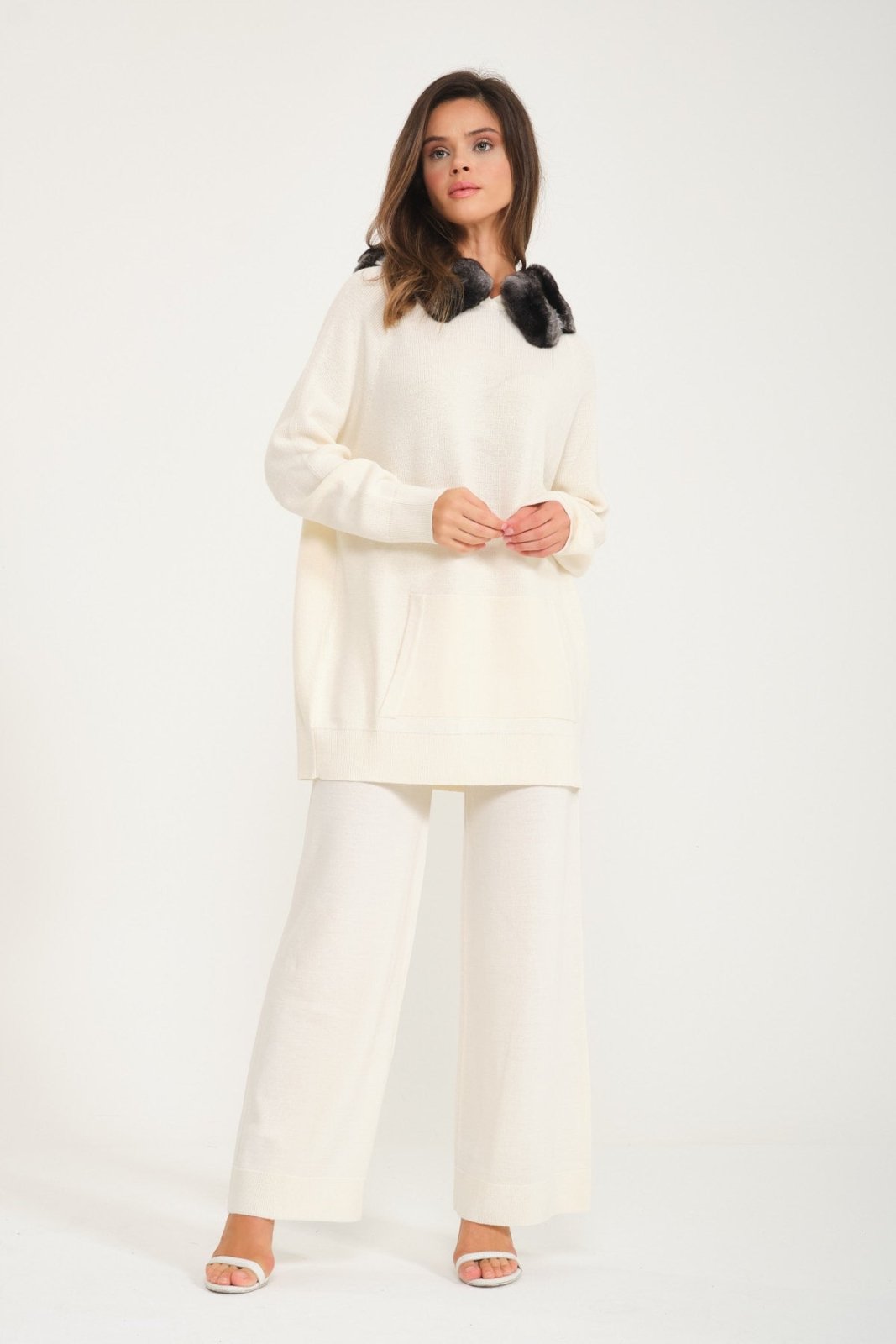 Ecru Chinchilla Fur Lined Wool Hoodie & Pants Set - ADAMO