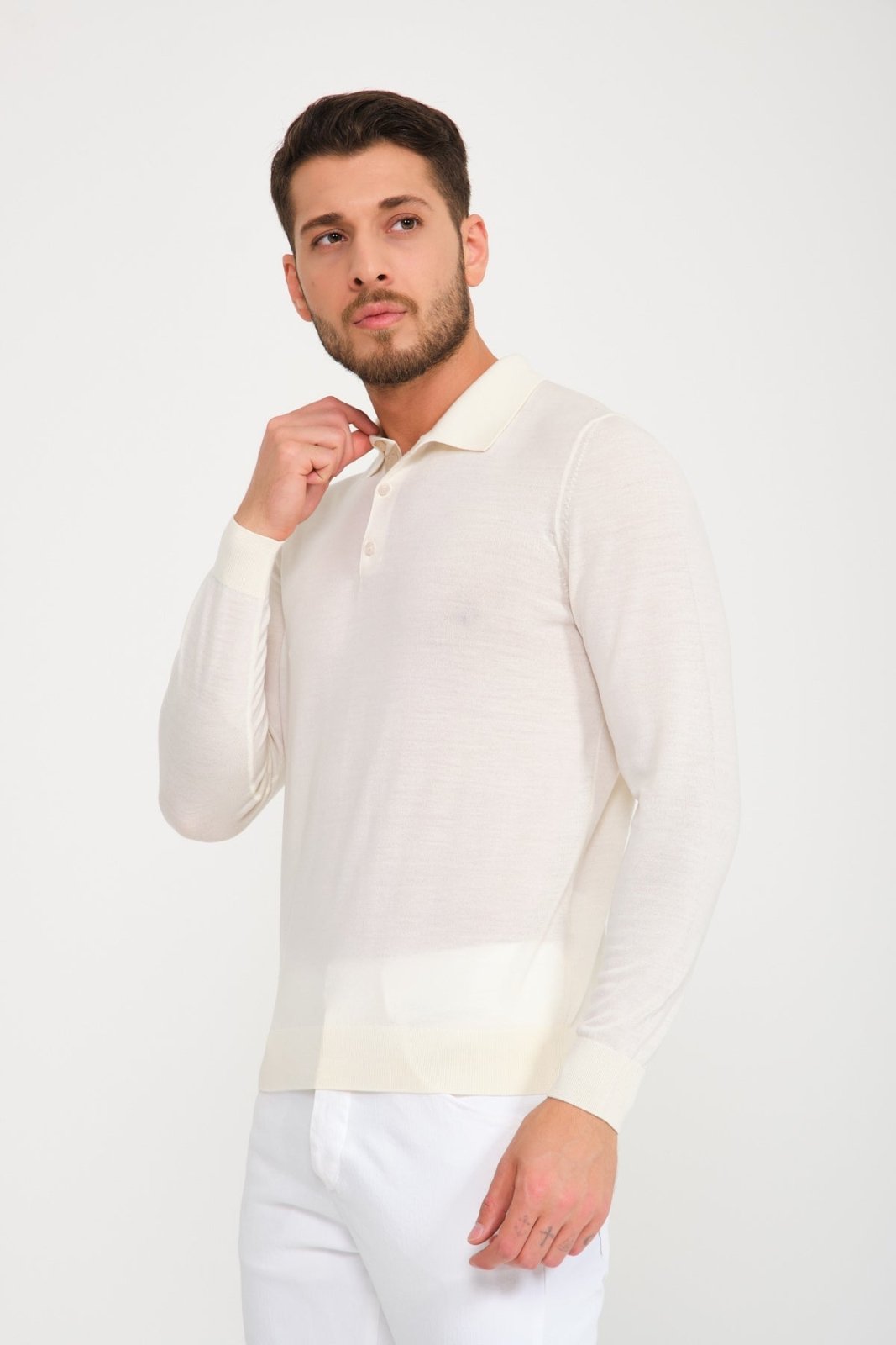 Ecru Wool Polo Shirt - ADAMO