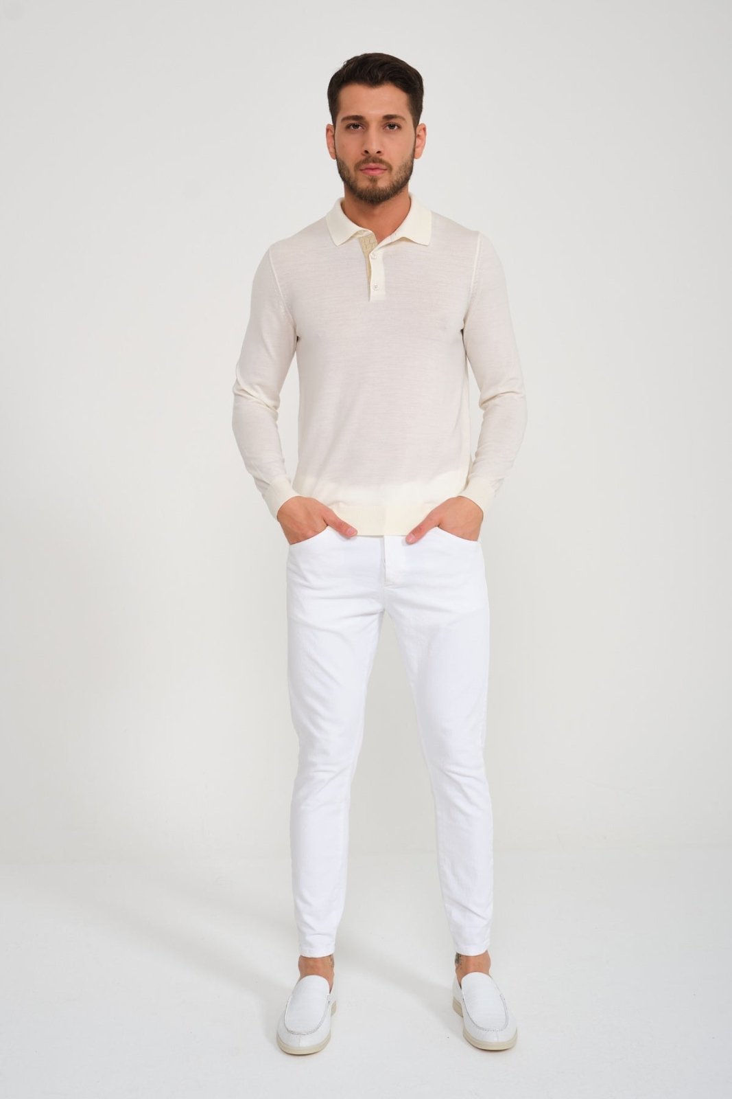 Ecru Wool Polo Shirt - ADAMO