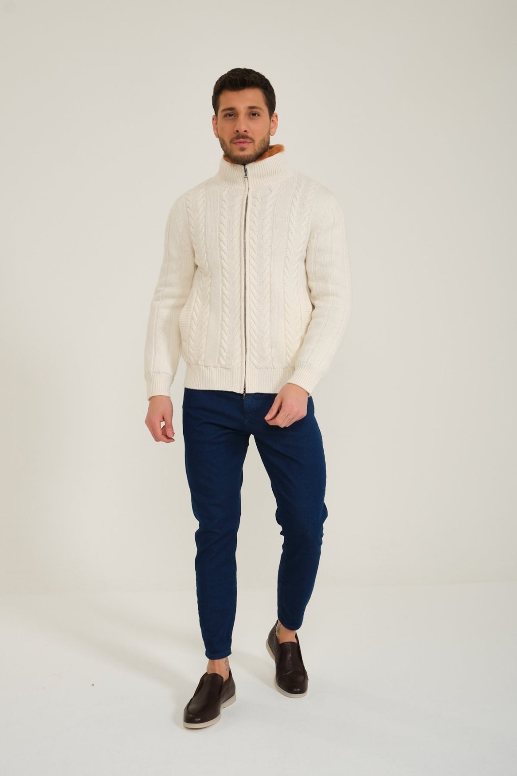 Ecru Wool & Rex Fur Knit Jacket - ADAMO