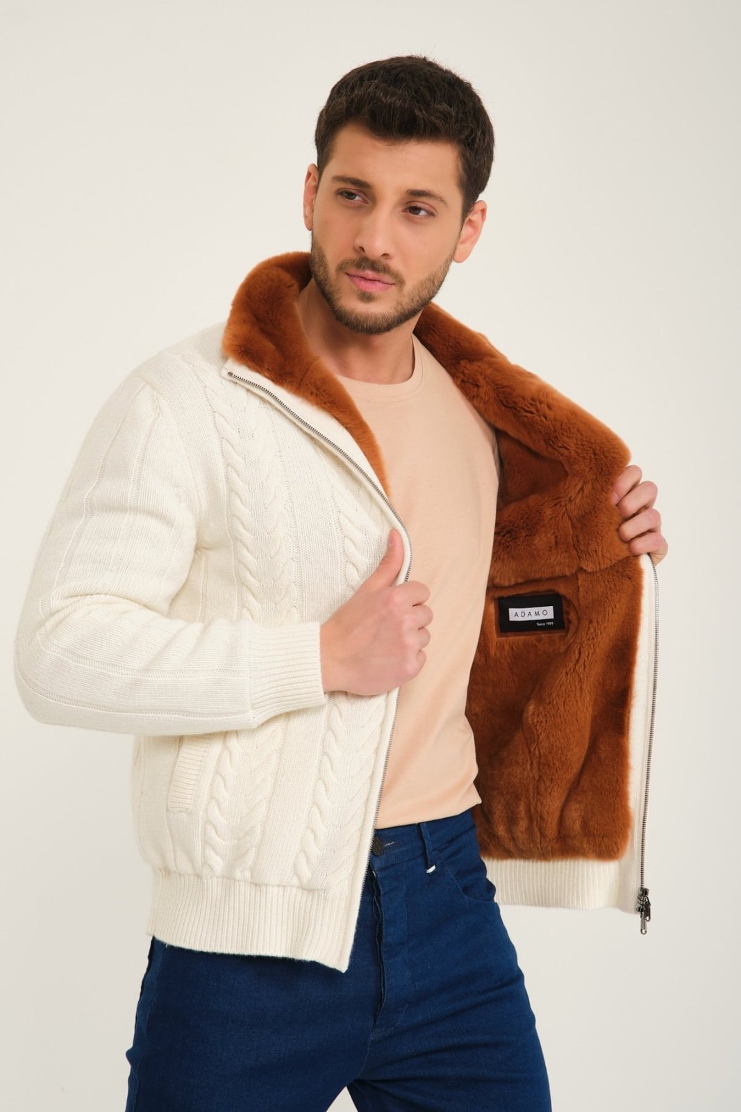 Ecru Wool & Rex Fur Knit Jacket - ADAMO