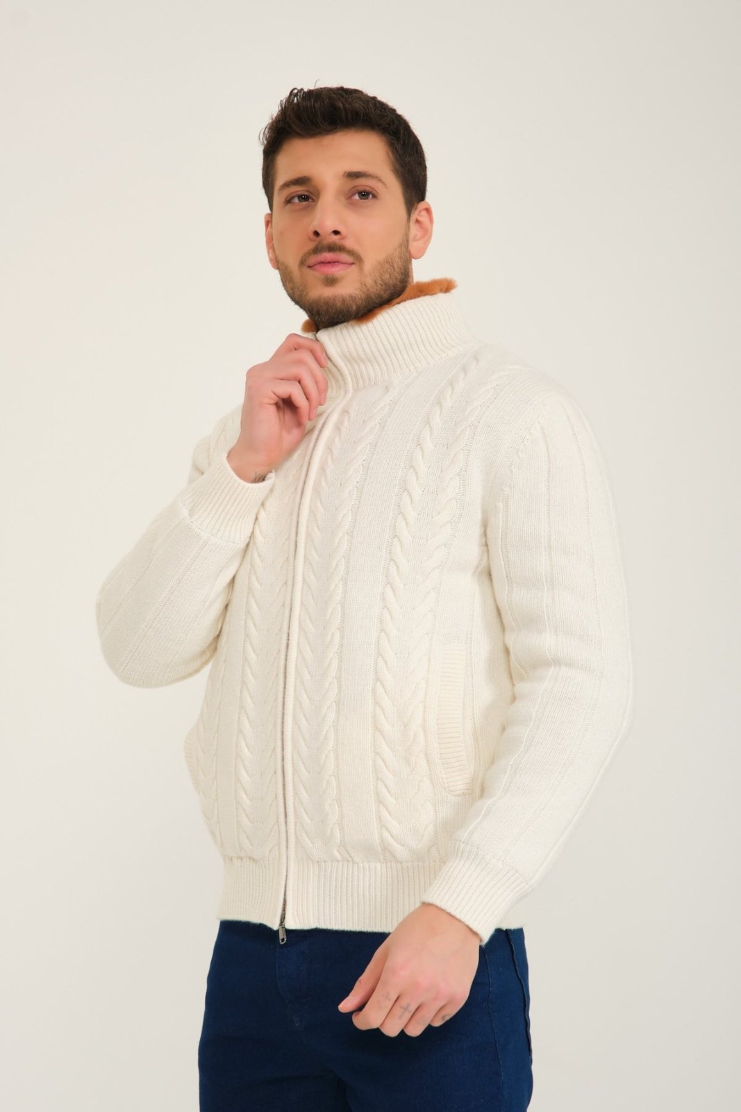 Ecru Wool & Rex Fur Knit Jacket - ADAMO