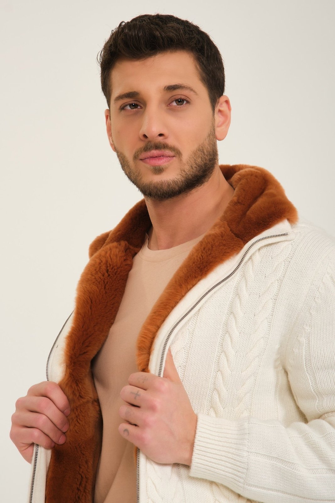 Ecru Wool & Rex Fur Knit Jacket - ADAMO