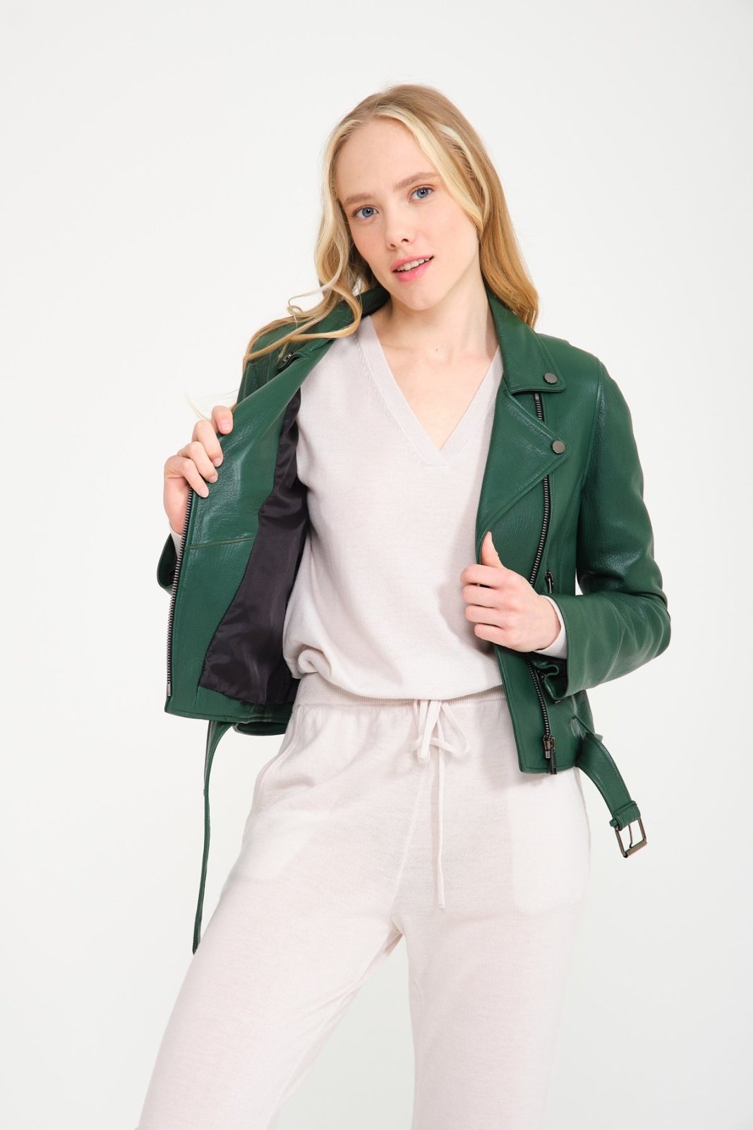 Emerald Green Lambskin Leather Jacket - ADAMO