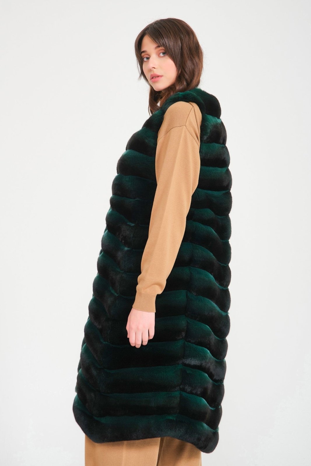 Emerald Green Long Chinchilla Fur Vest - ADAMO