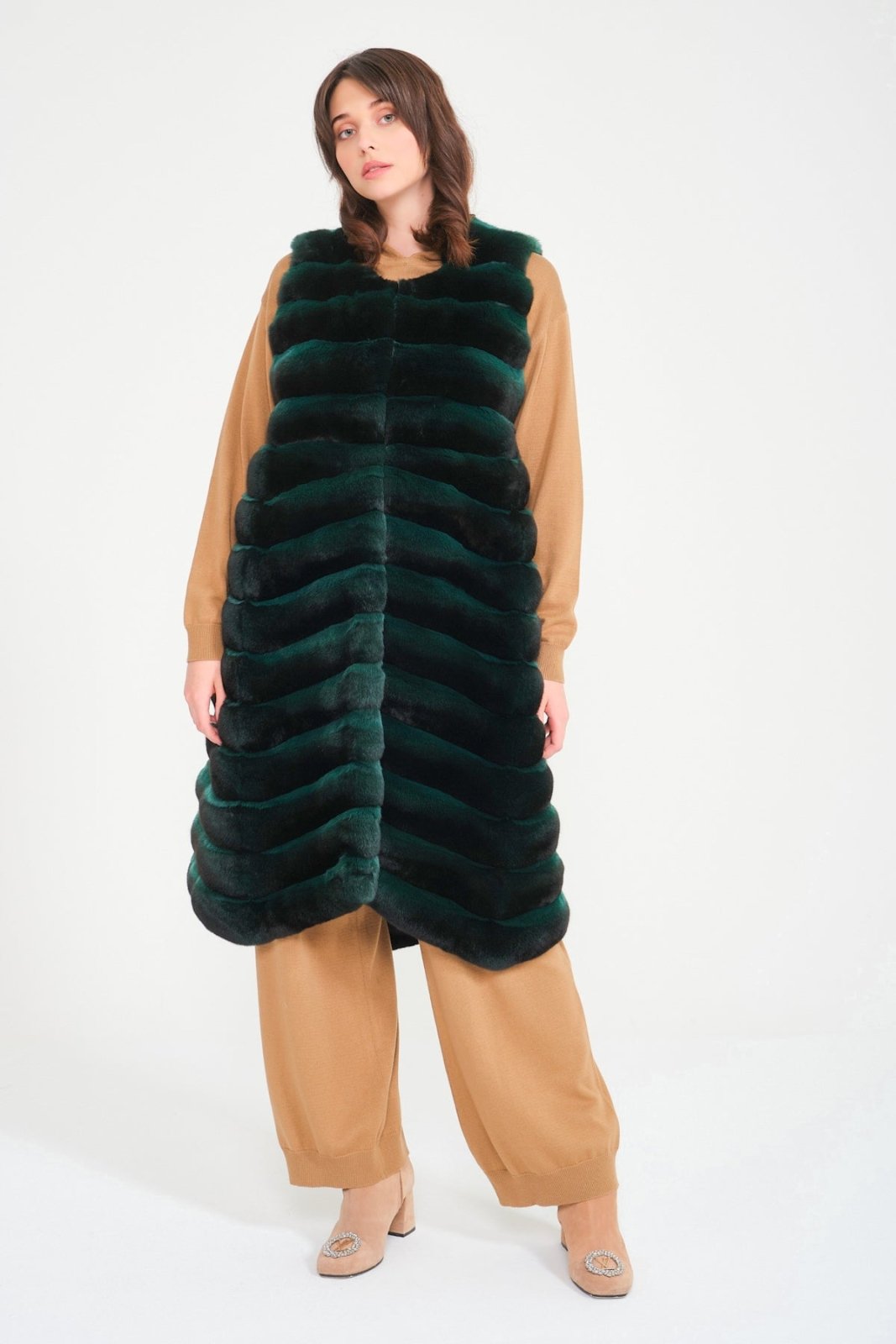 Emerald Green Long Chinchilla Fur Vest - ADAMO