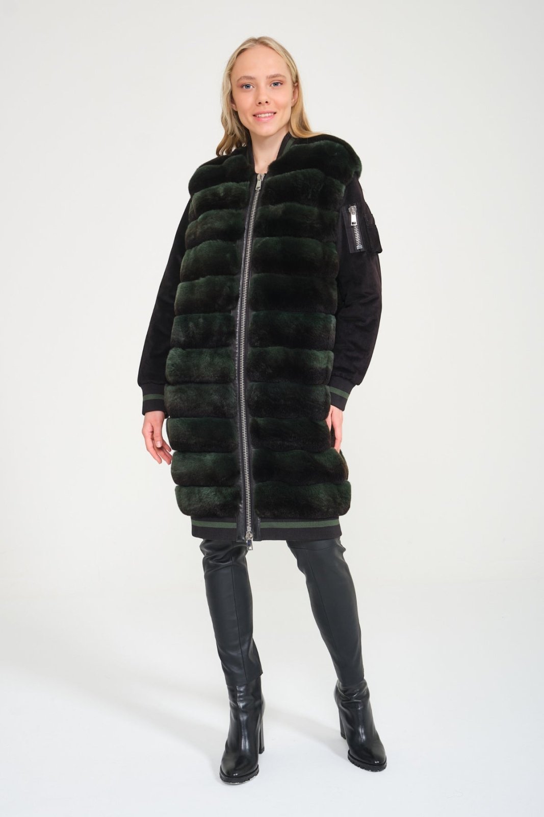 Emerald Green Long Rex Fur Coat - ADAMO