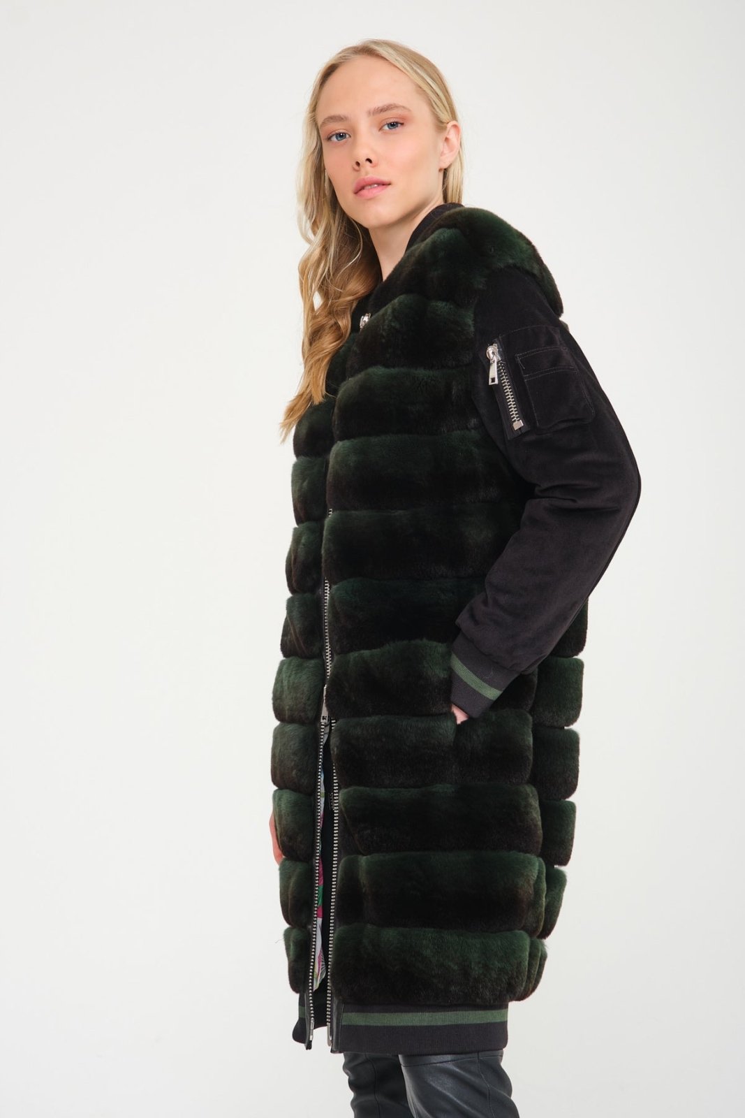 Emerald Green Long Rex Fur Coat - ADAMO