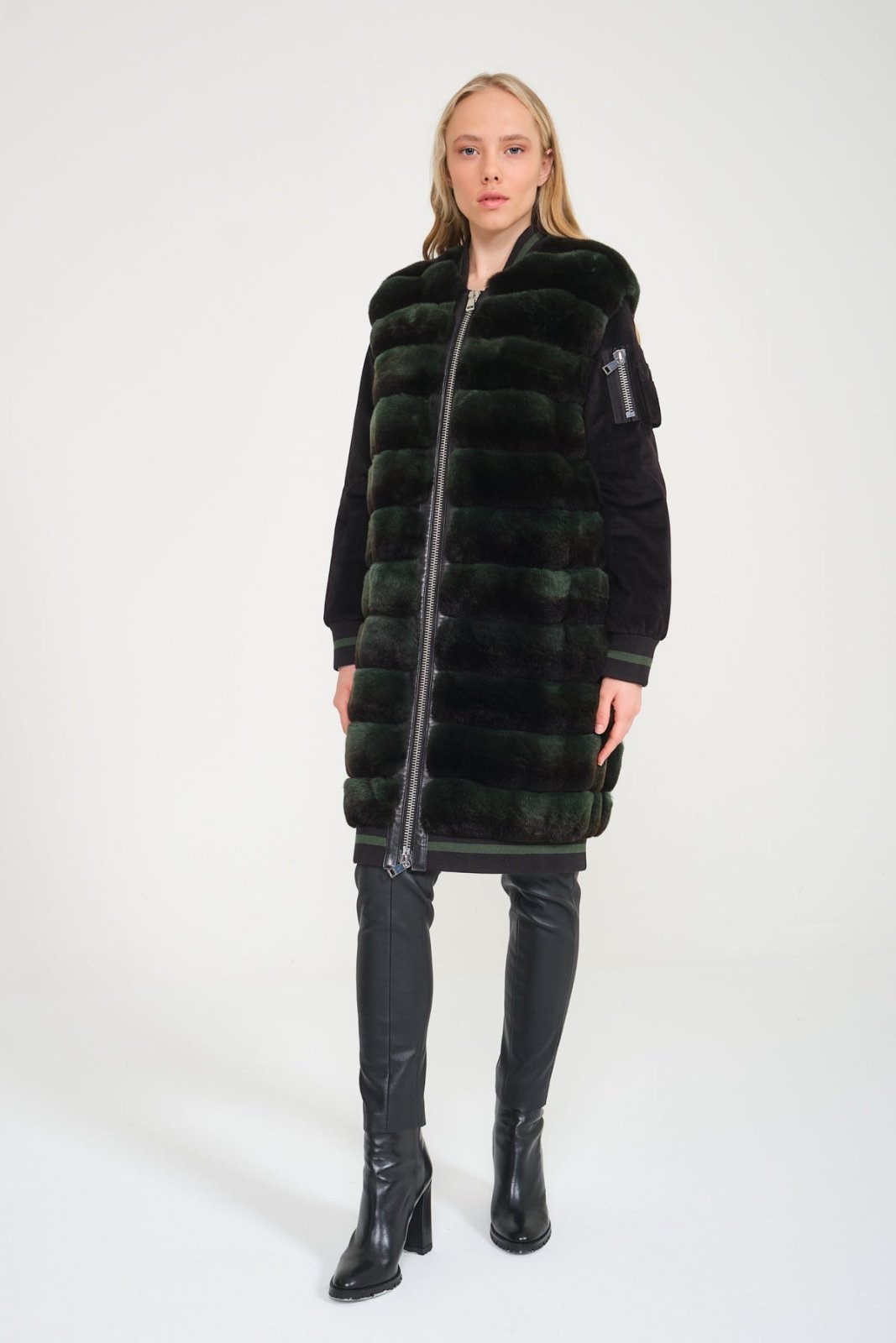 Emerald Green Long Rex Fur Coat - ADAMO