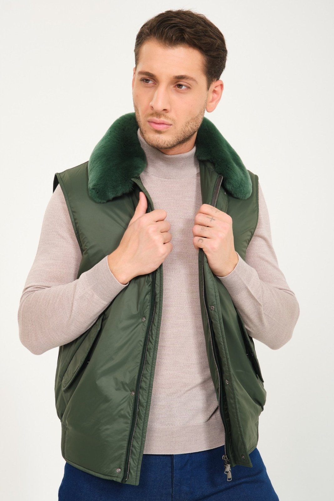 Emerald Green Waterproof & Rex Fur Vest - ADAMO