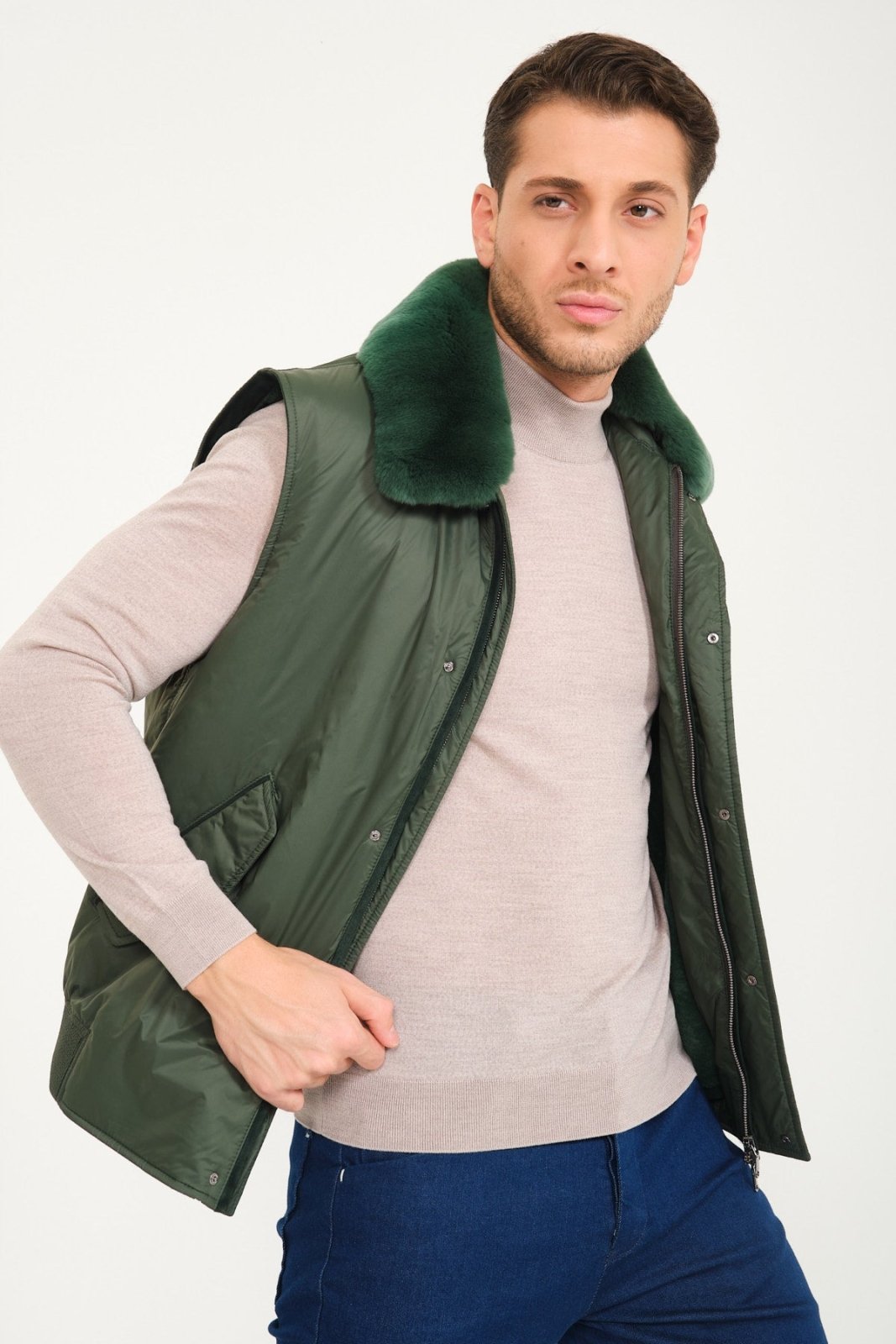 Emerald Green Waterproof & Rex Fur Vest - ADAMO