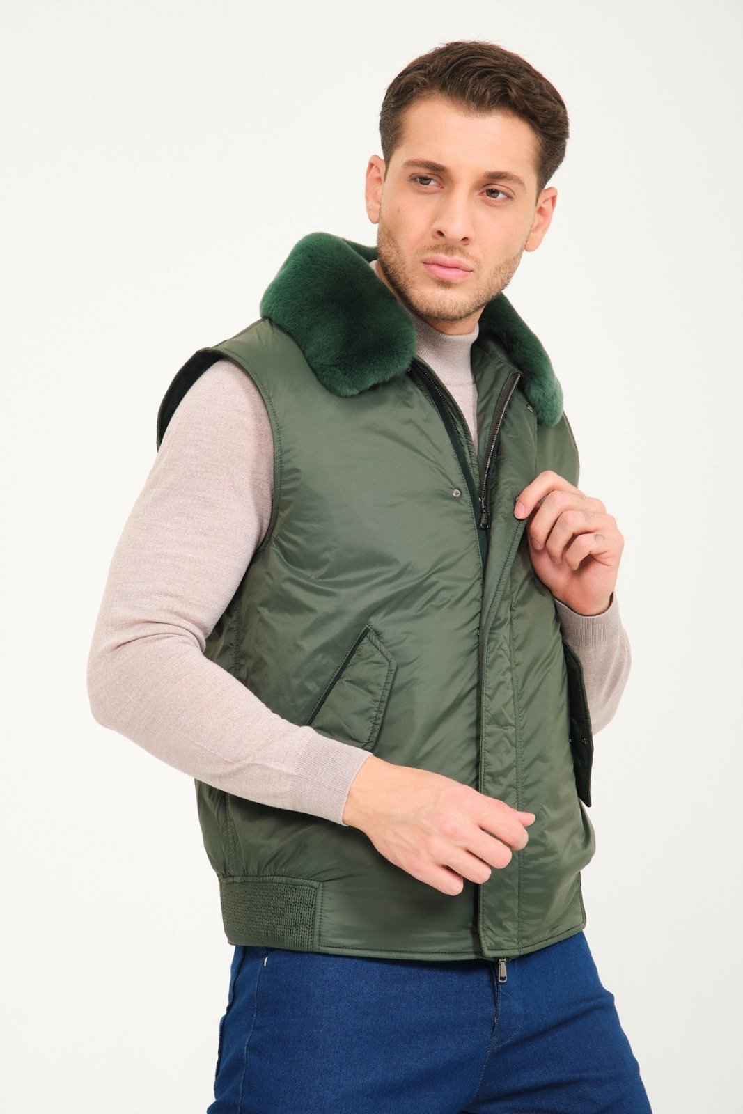 Emerald Green Waterproof & Rex Fur Vest - ADAMO