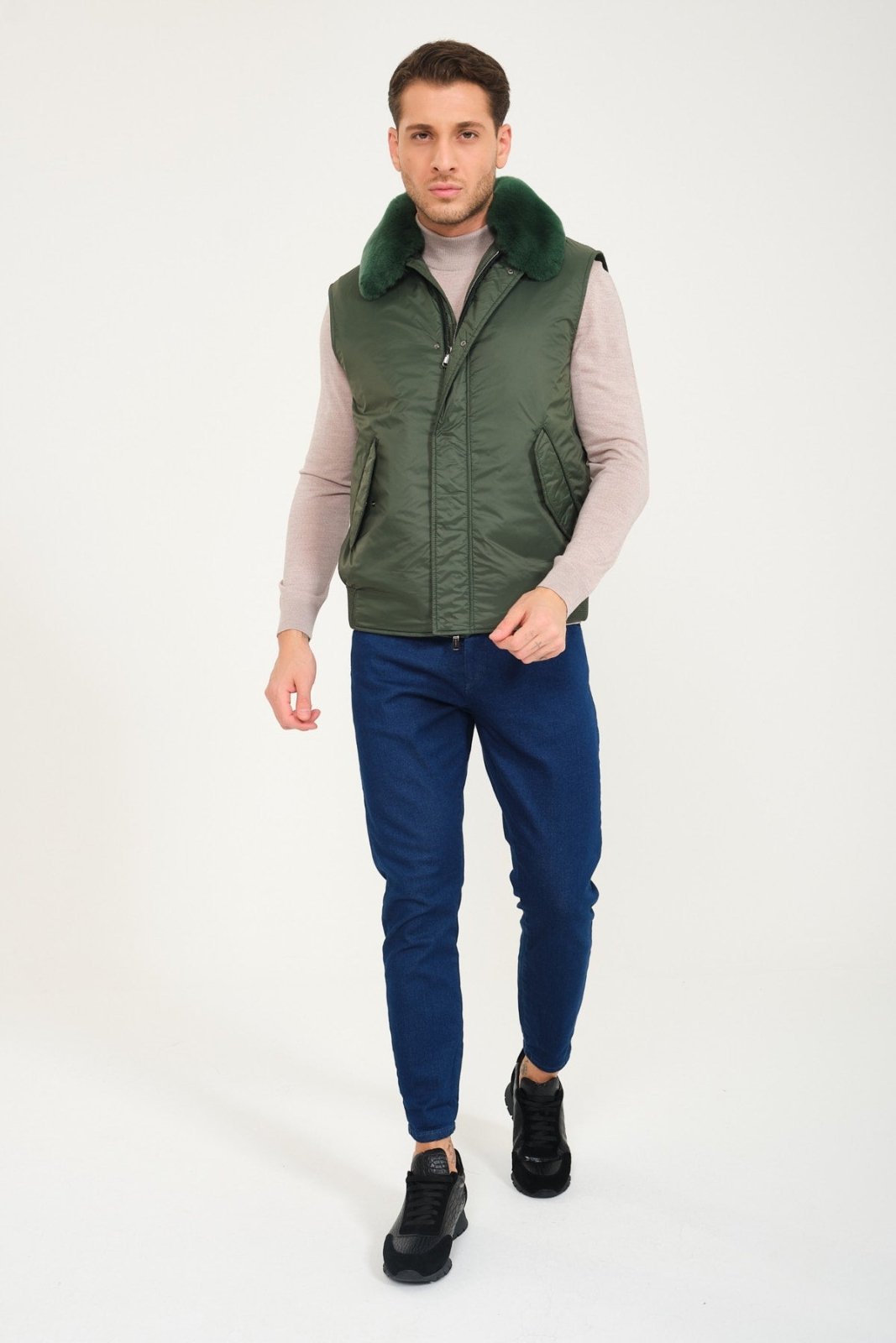 Emerald Green Waterproof & Rex Fur Vest - ADAMO