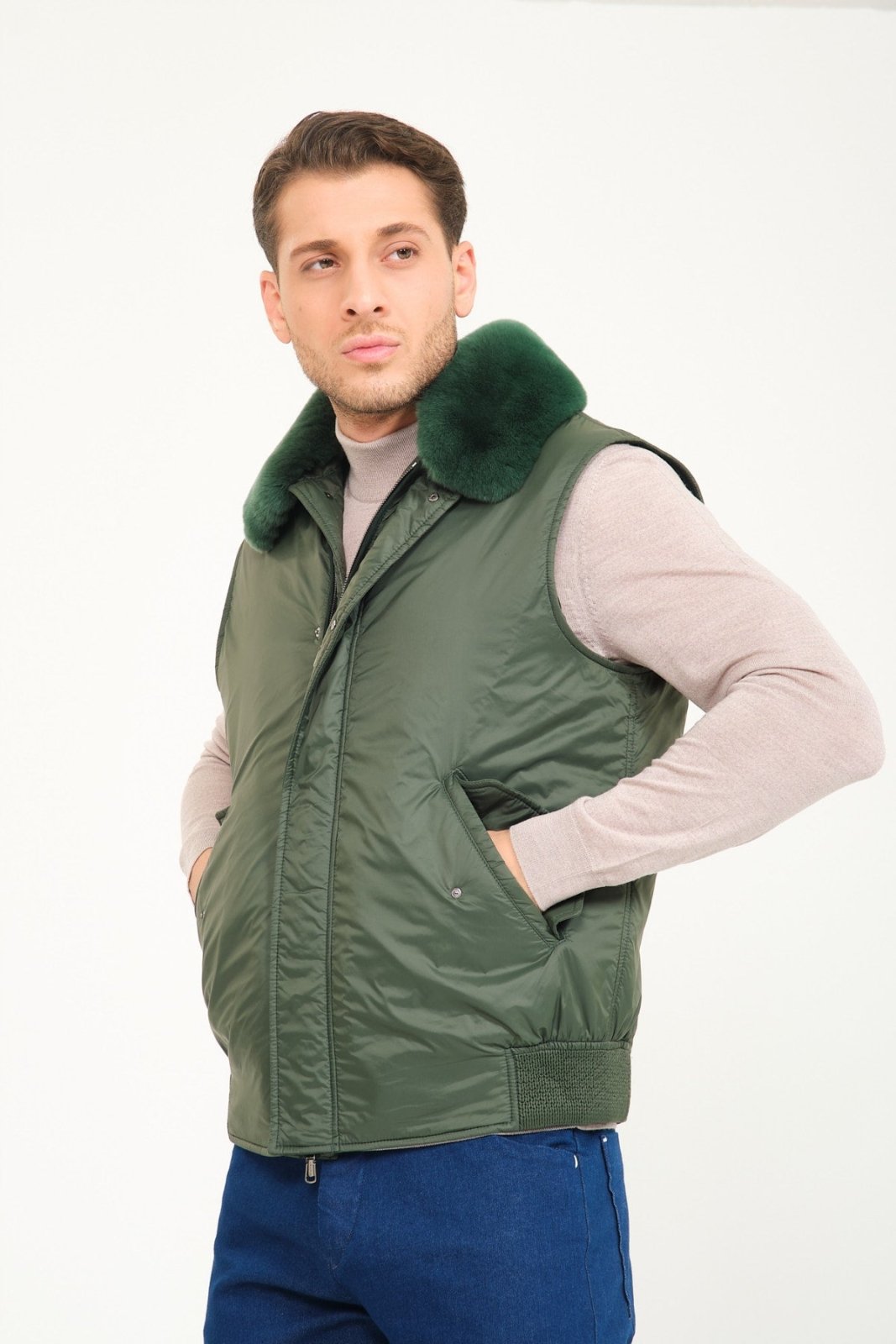 Emerald Green Waterproof & Rex Fur Vest - ADAMO