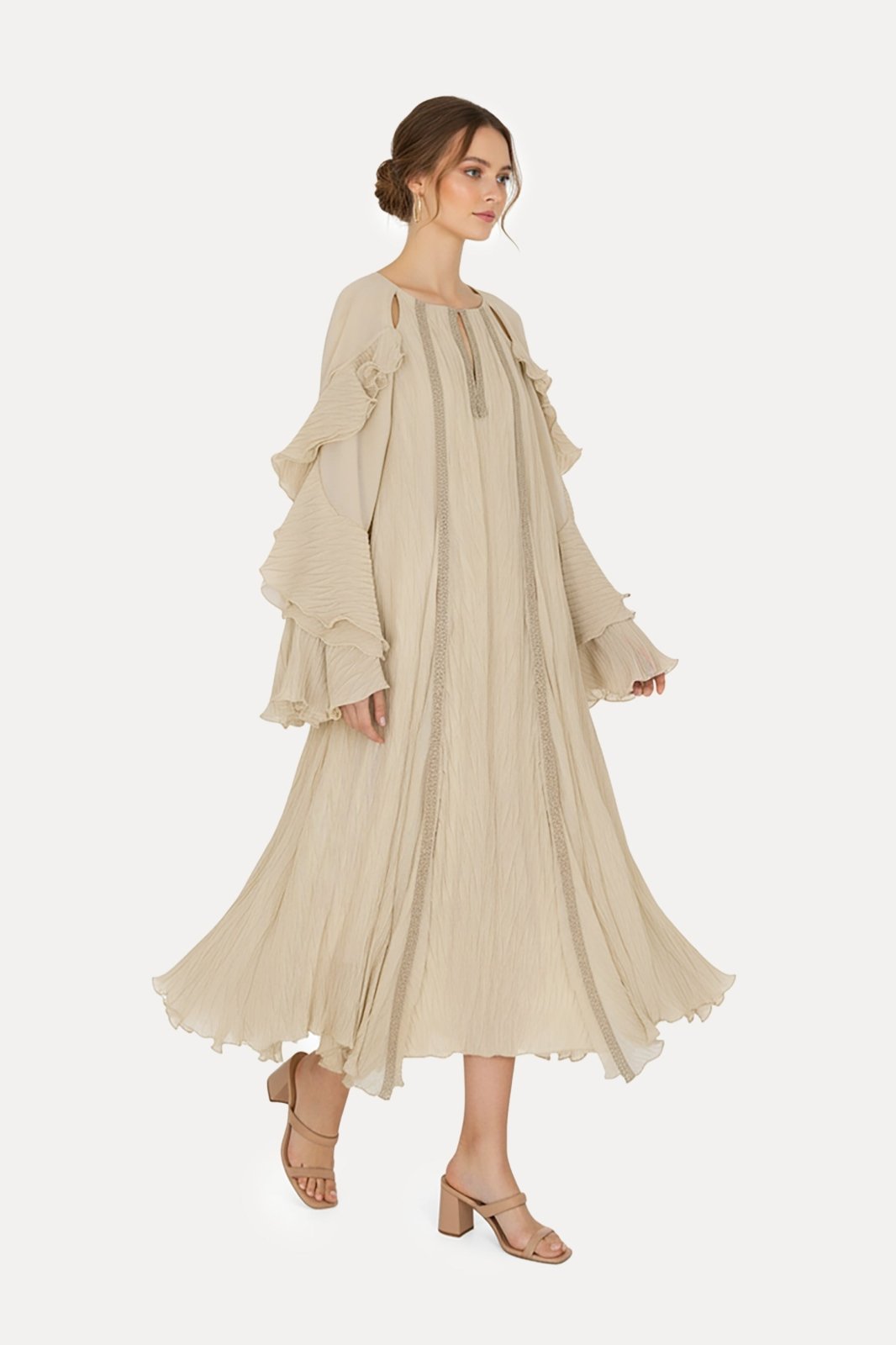 Ethereal Beige Pleated Kaftan Dress - ADAMO