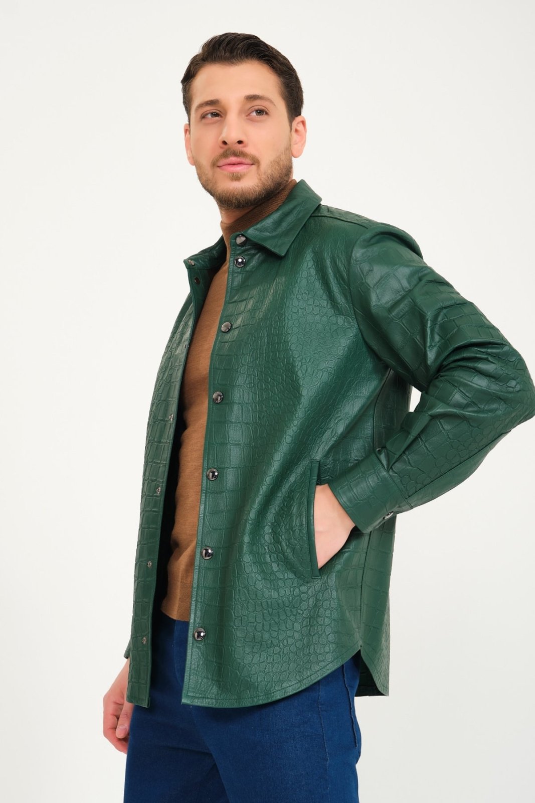 Green Crocodile Pattern Leather Jacket - ADAMO