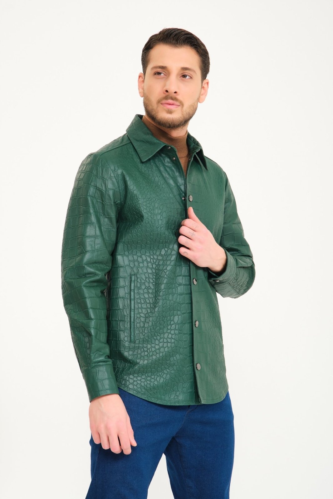 Green Crocodile Pattern Leather Jacket - ADAMO