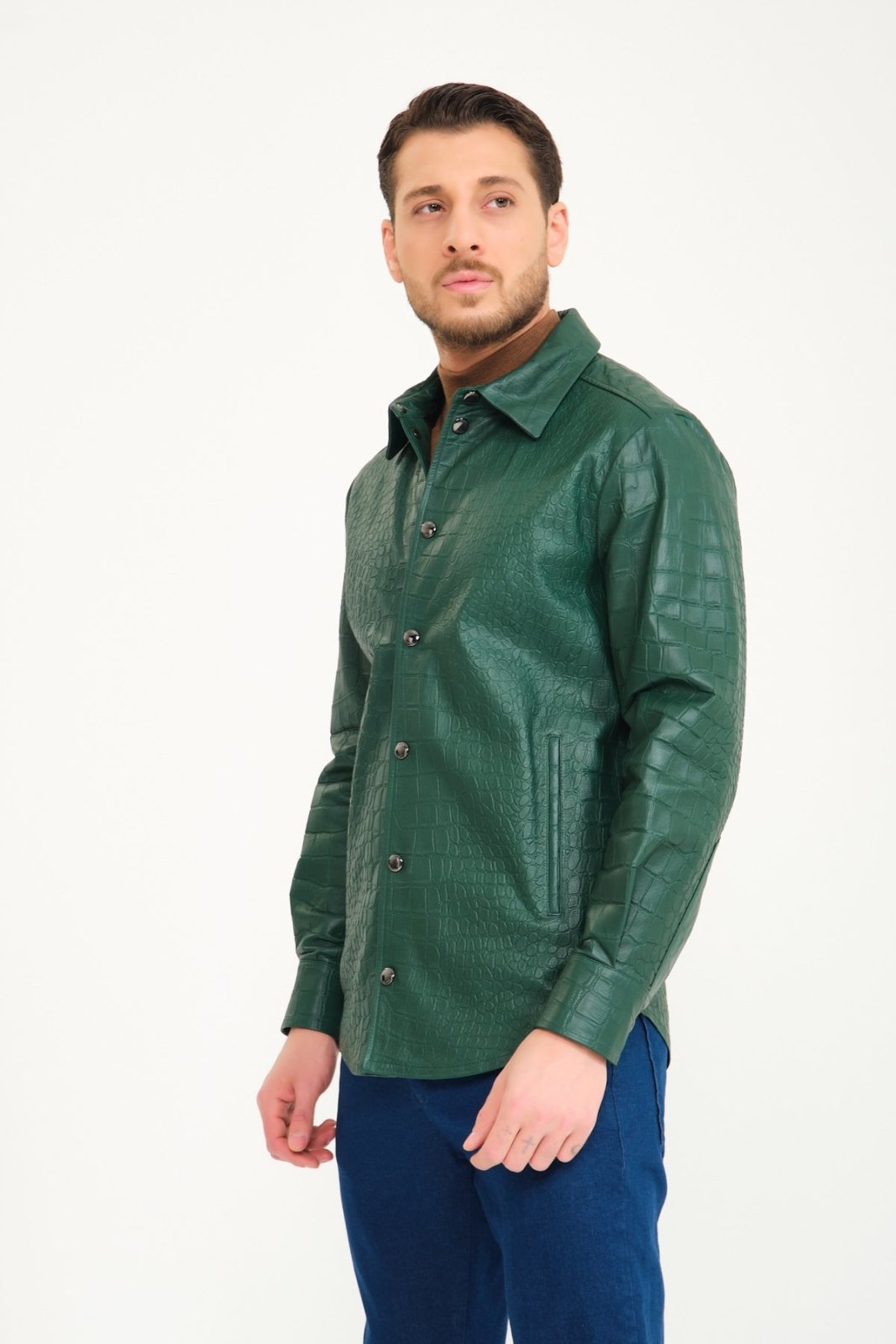 Green Crocodile Pattern Leather Jacket - ADAMO