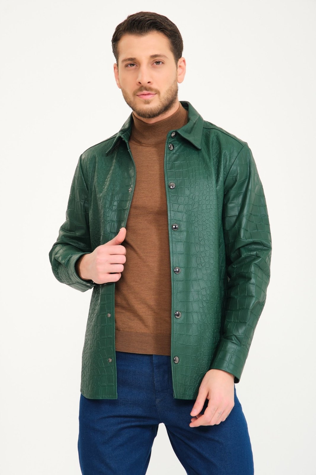 Green Crocodile Pattern Leather Jacket - ADAMO