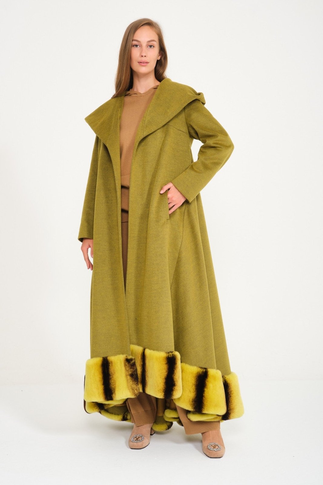 Green Hooded Wool Rex Fur Abaya - ADAMO