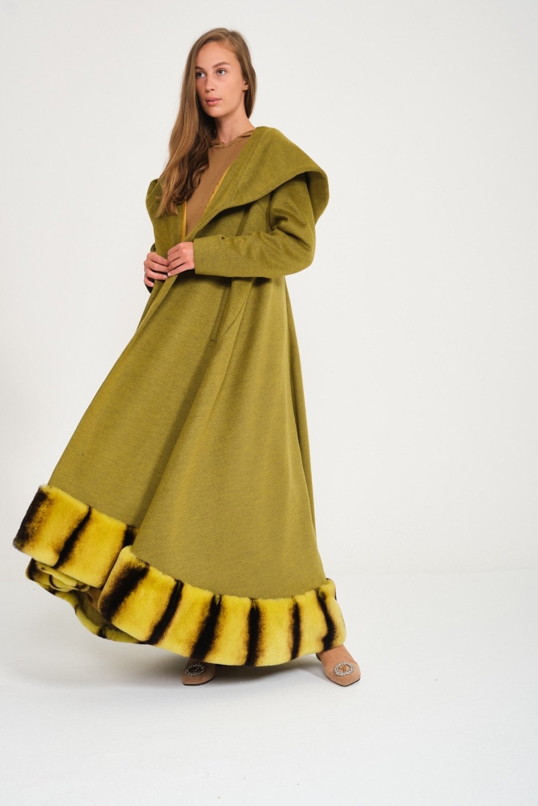 Green Hooded Wool Rex Fur Abaya - ADAMO