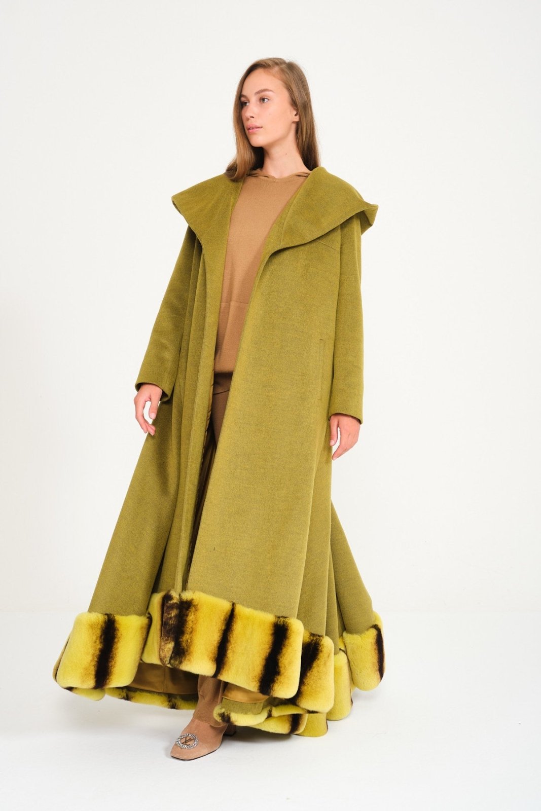 Green Hooded Wool Rex Fur Abaya - ADAMO