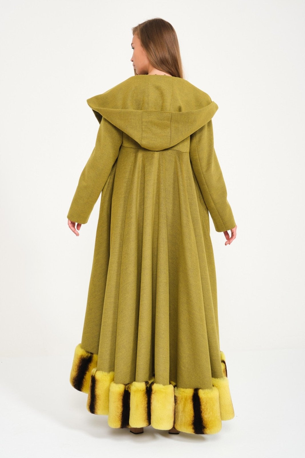 Green Hooded Wool Rex Fur Abaya - ADAMO