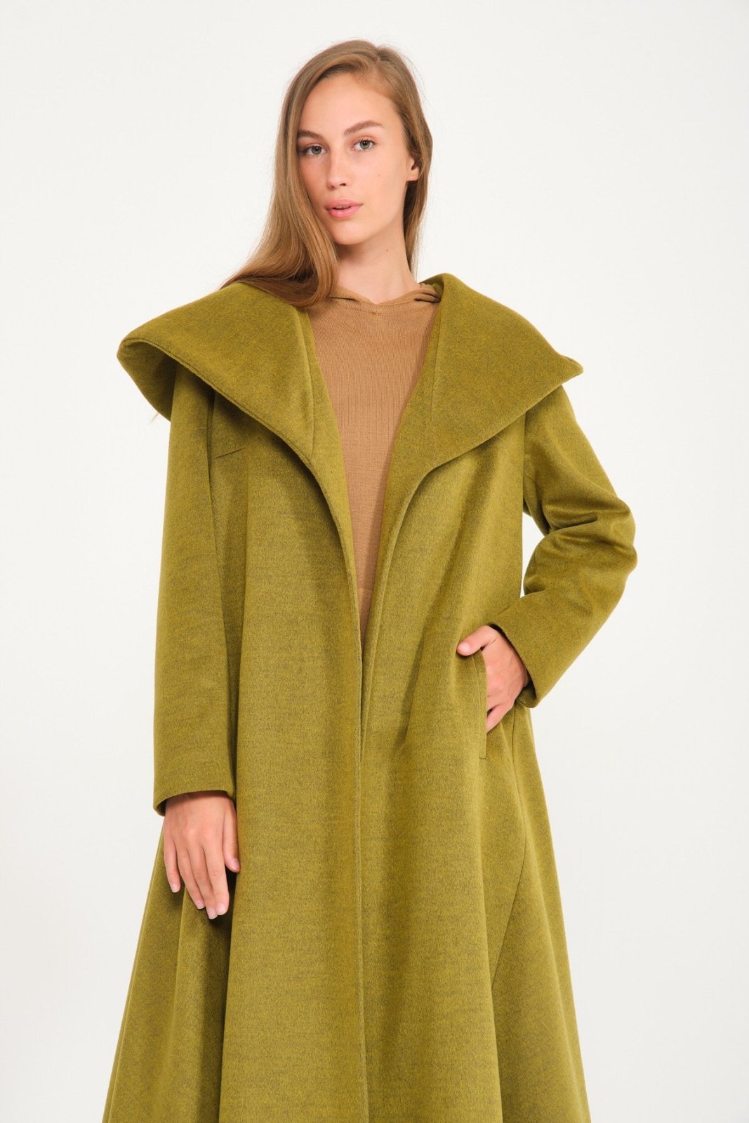 Green Hooded Wool Rex Fur Abaya - ADAMO