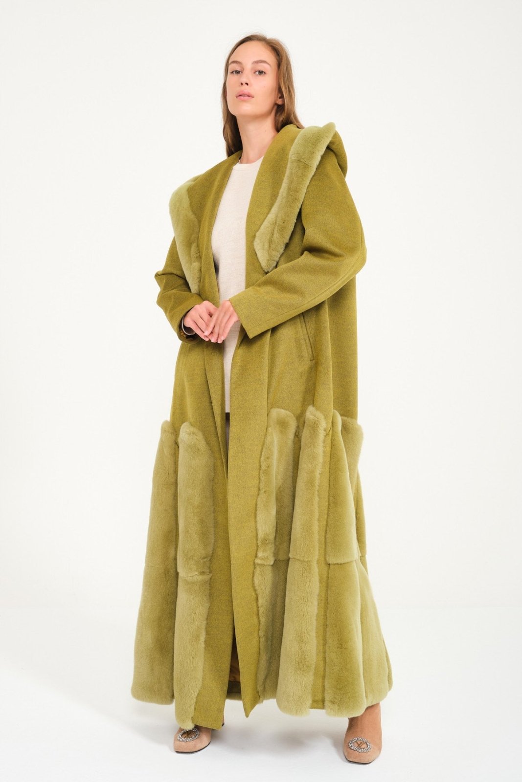 Green Hooded Wool Rex Fur Abaya - ADAMO